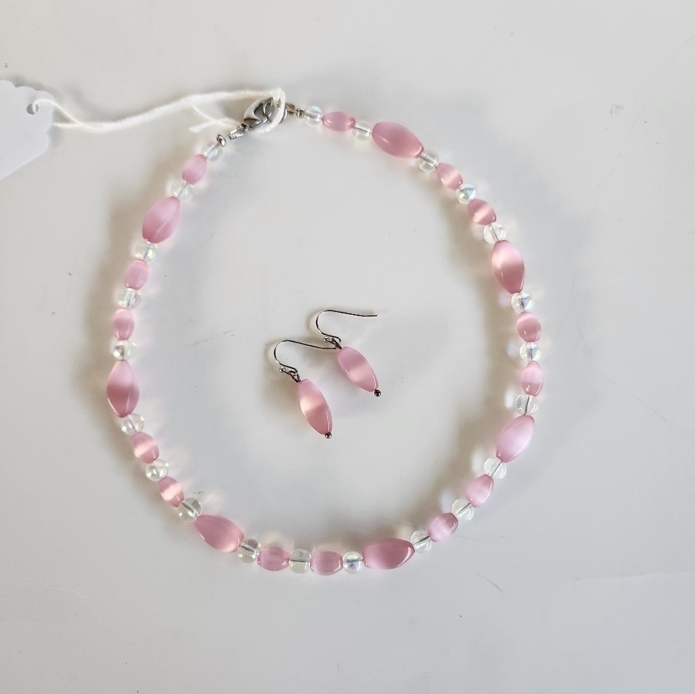 Hand Crafted Necklace and Pierced Pink Cat's Eye Iridescent Beads 15.5" Kids Set